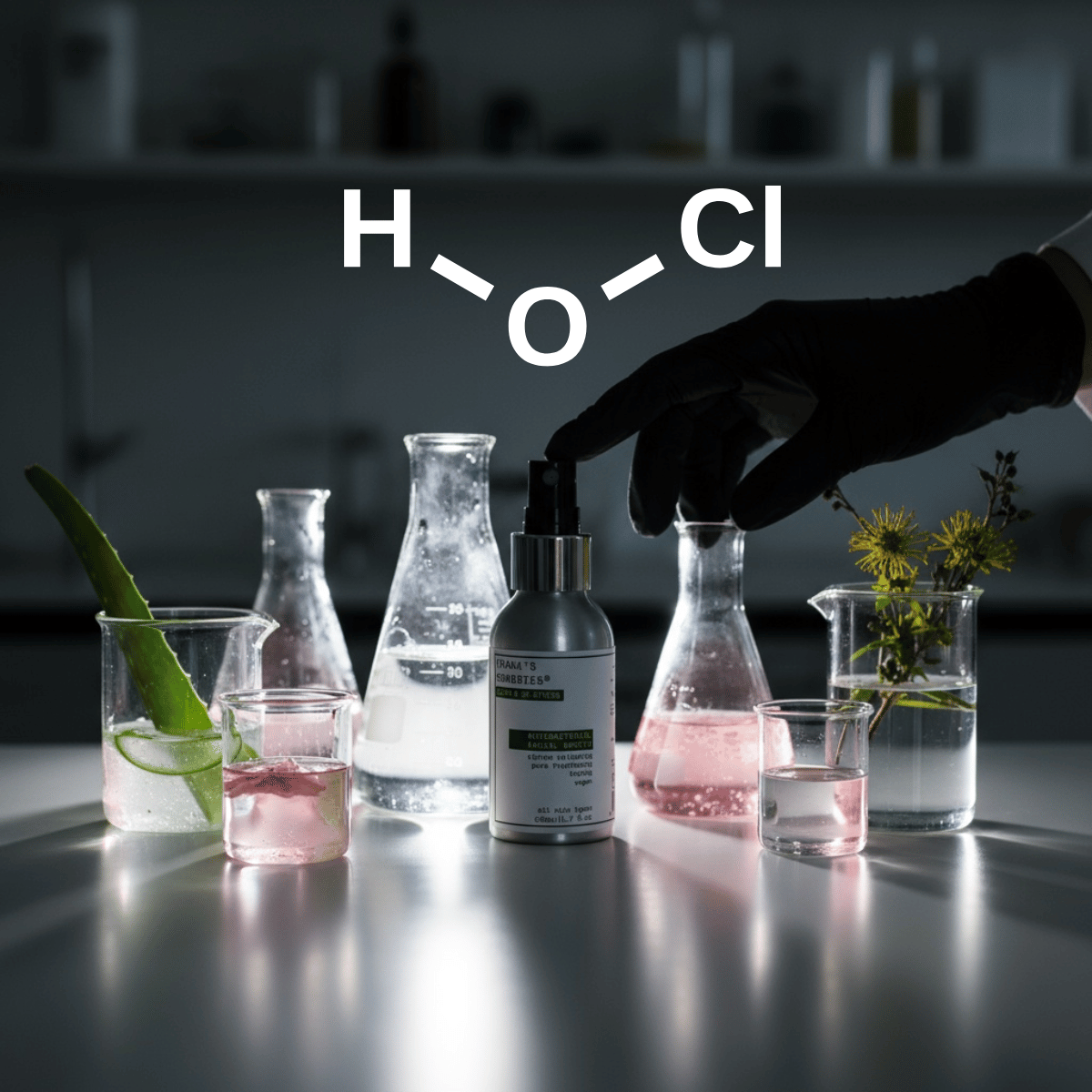 Hypochlorous Acid Spray graphic with Antibacterial face spray in science lab and natural ingredients