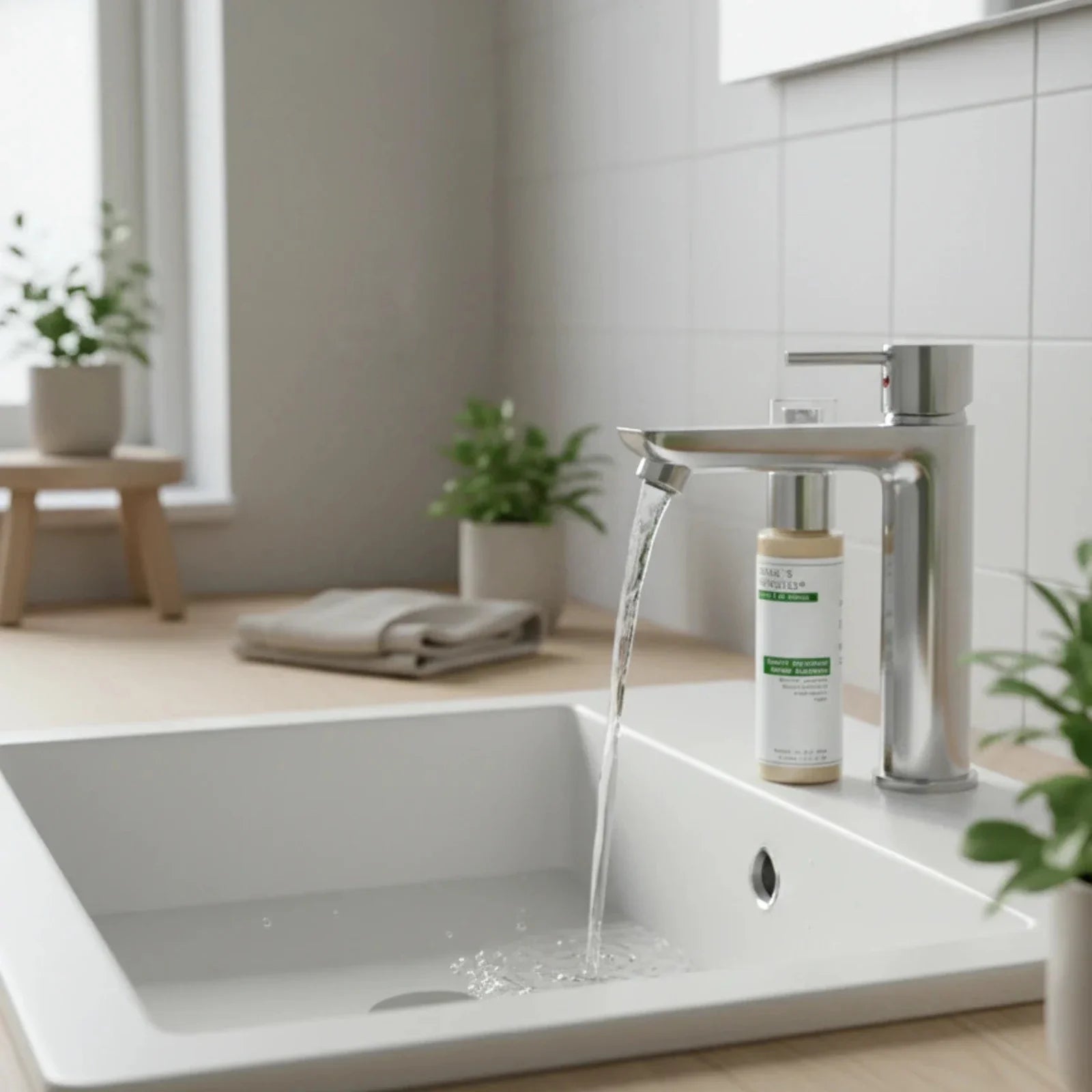 Barrier Restoring Creamy Cleanser on a bathroom sink in a hard water area