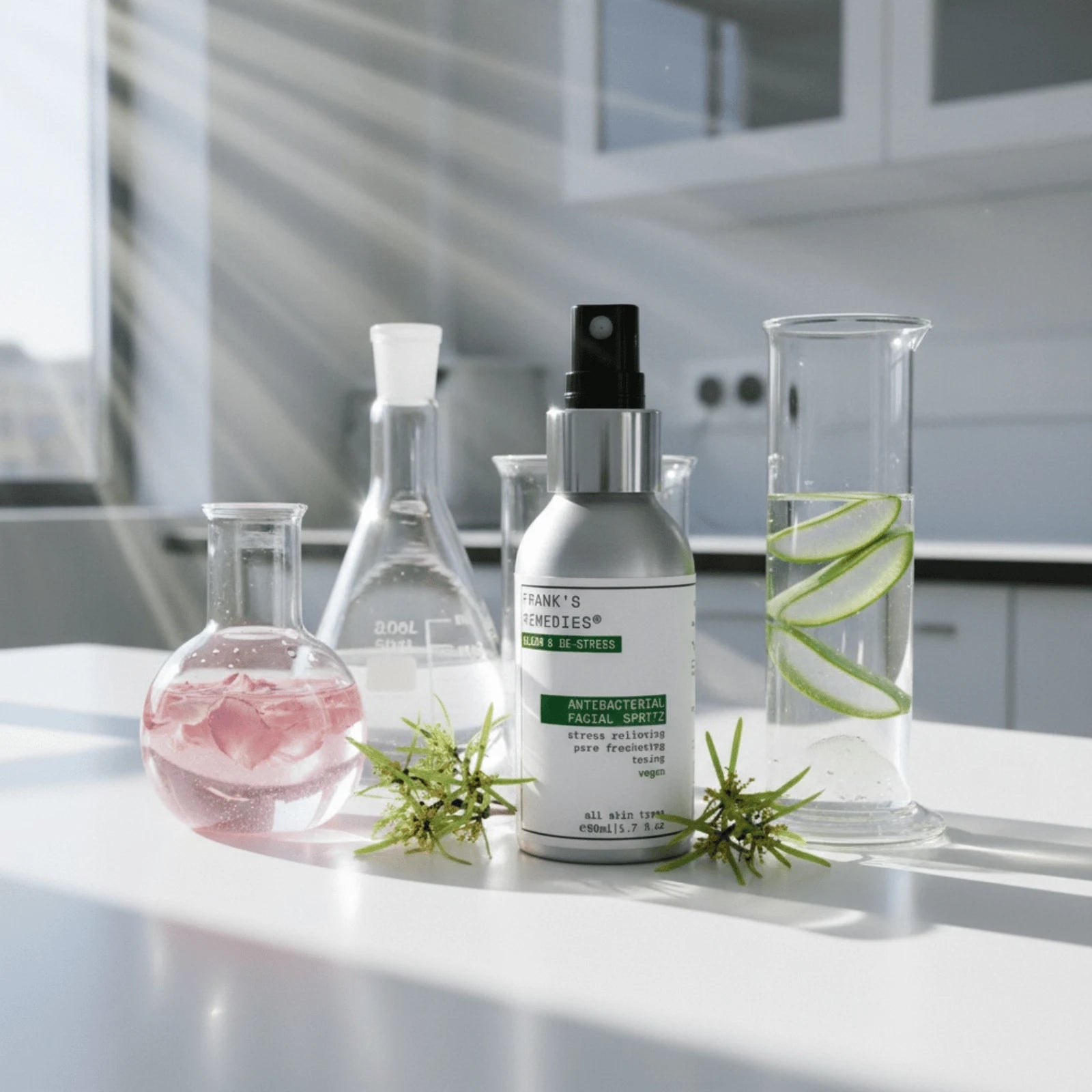 Bottle of Frank's Botanicals on a white surface with glassware and plants