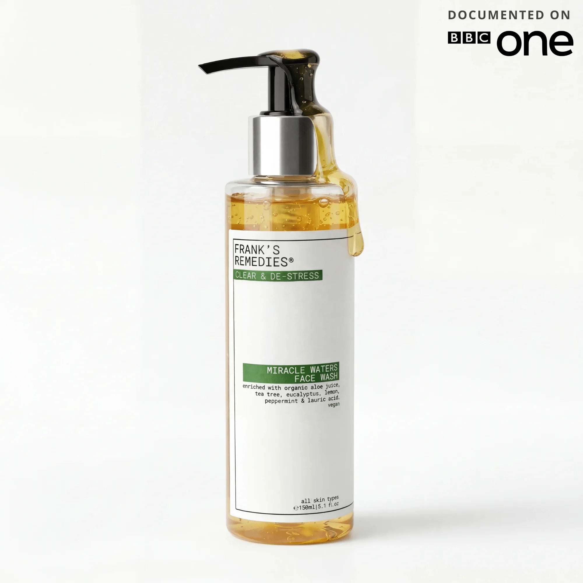 A bottle of Frank's Remedies Clean & De-Stress Miracle Balm Face Wash with a black pump and silver collar, shown on a clean white background with a 'Documented on BBC One' logo in the top right corner.