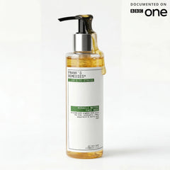 A bottle of Frank's Remedies Clean & De-Stress Miracle Balm Face Wash with a black pump and silver collar, shown on a clean white background with a 'Documented on BBC One' logo in the top right corner.