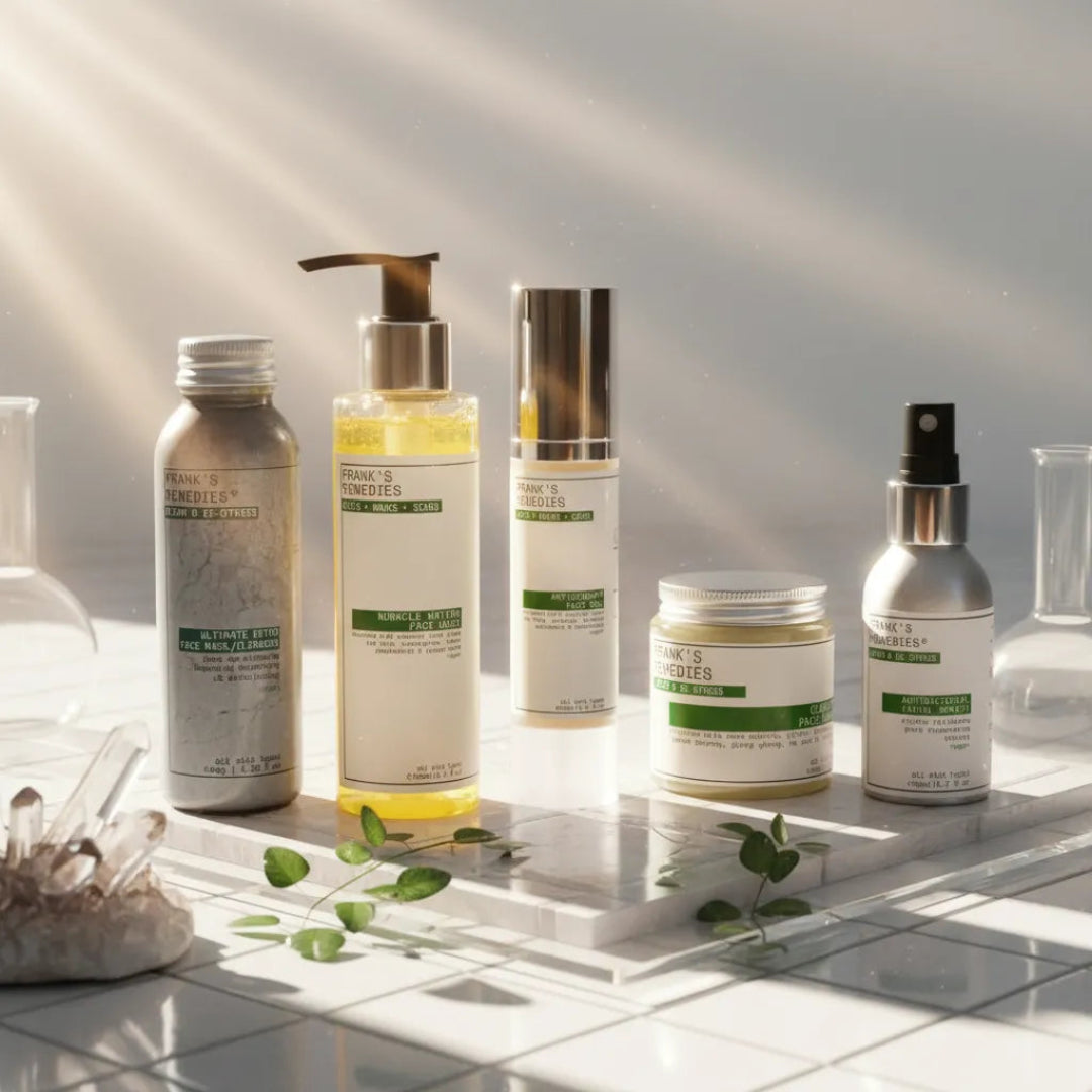 Collection of skincare products on a light surface with a neutral background