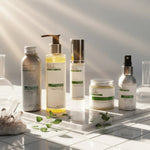Collection of skincare products on a light surface with a neutral background