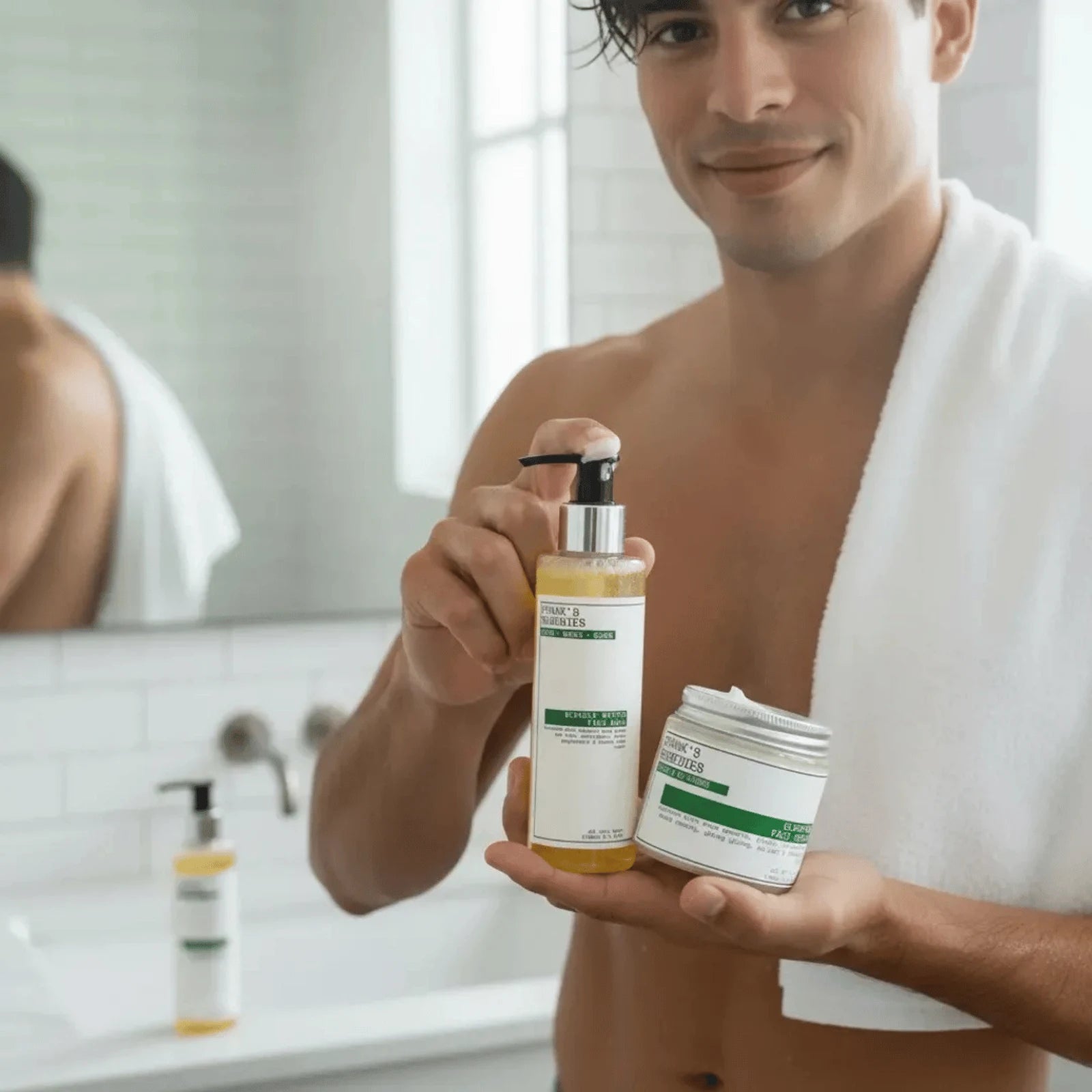 glycerine skincare product with male model in luxury bathroom