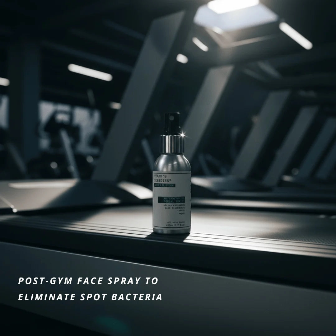 Antibacterial Face Spray showing post-gym face spray on a gym machine with text overlay.