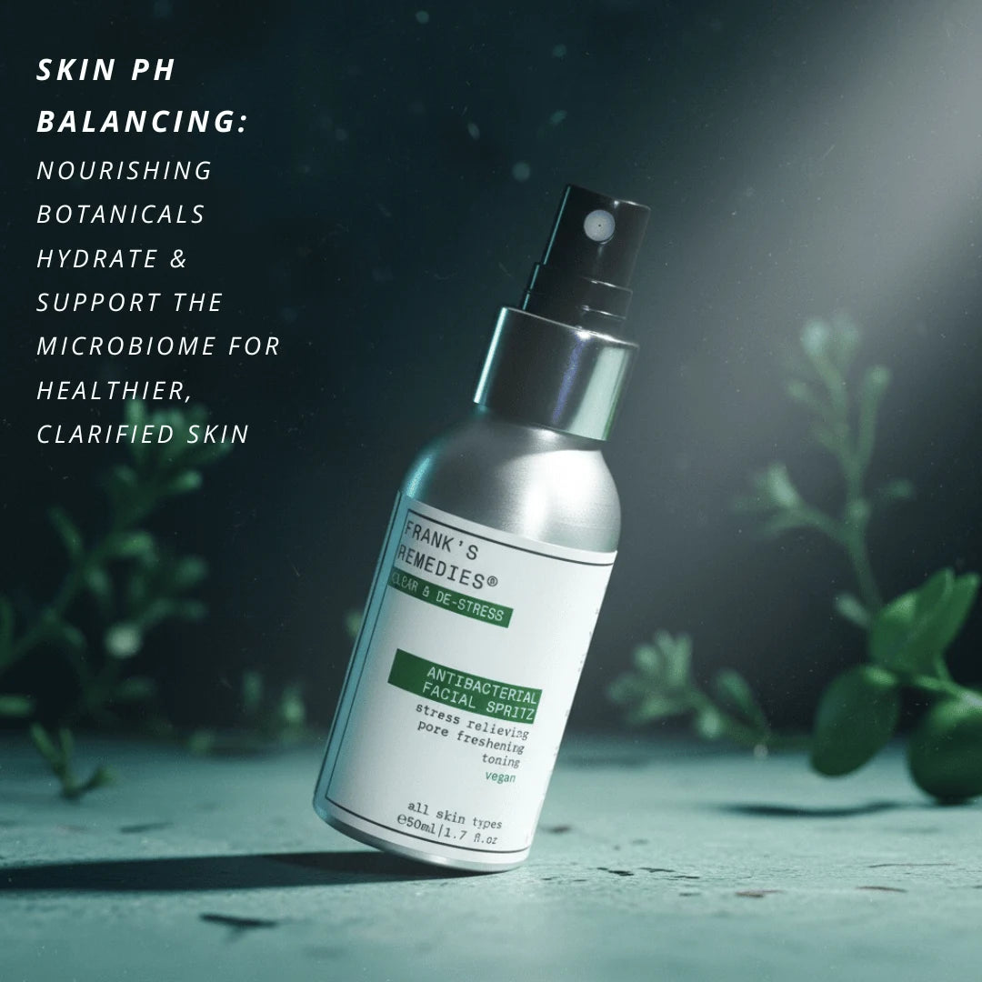 Antibacterial Face Spray with text about skin pH balancing and nourishing botanicals
