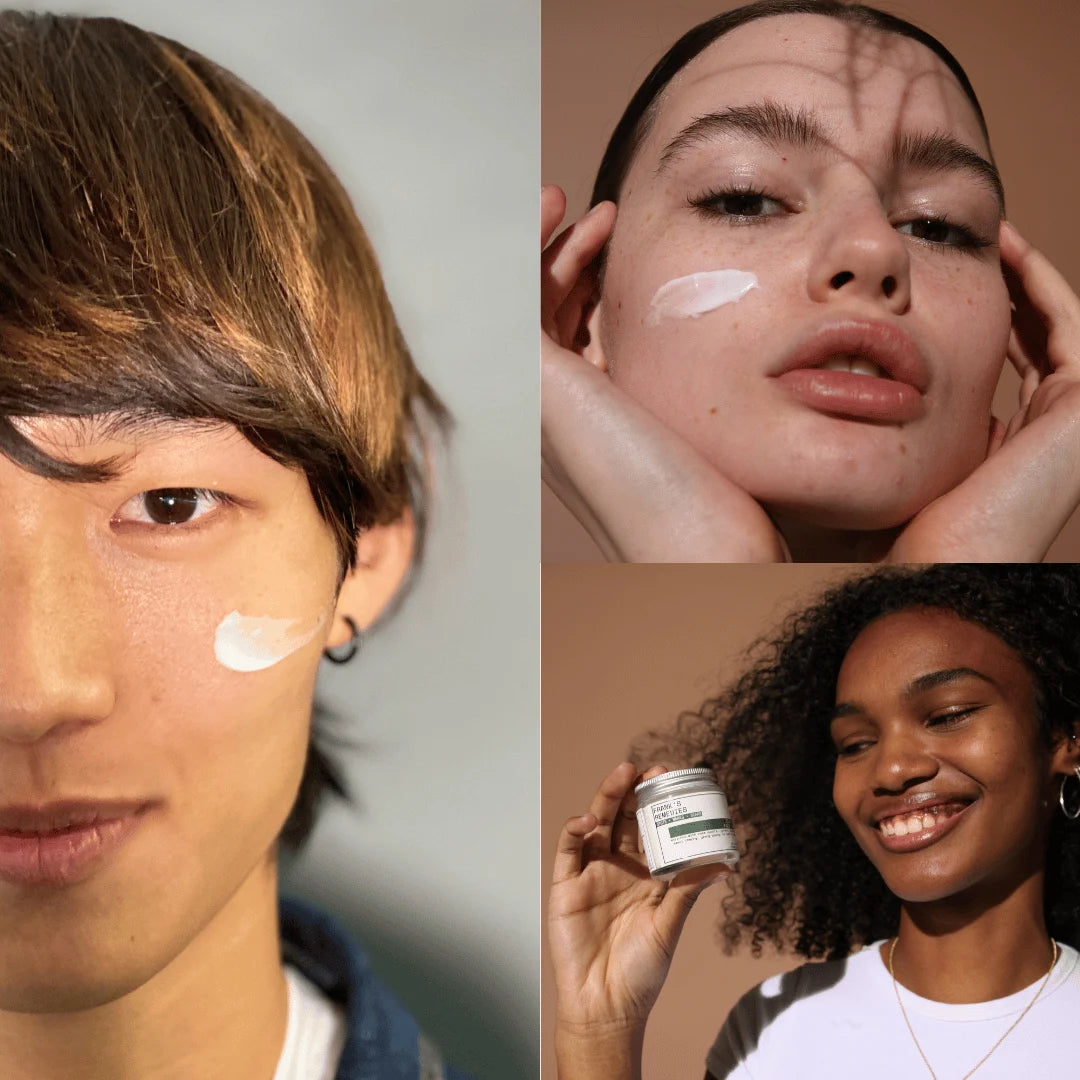 Collage of three people, teen, woman & boy - with Frank's Remedies Clearing face cream applied to their faces.