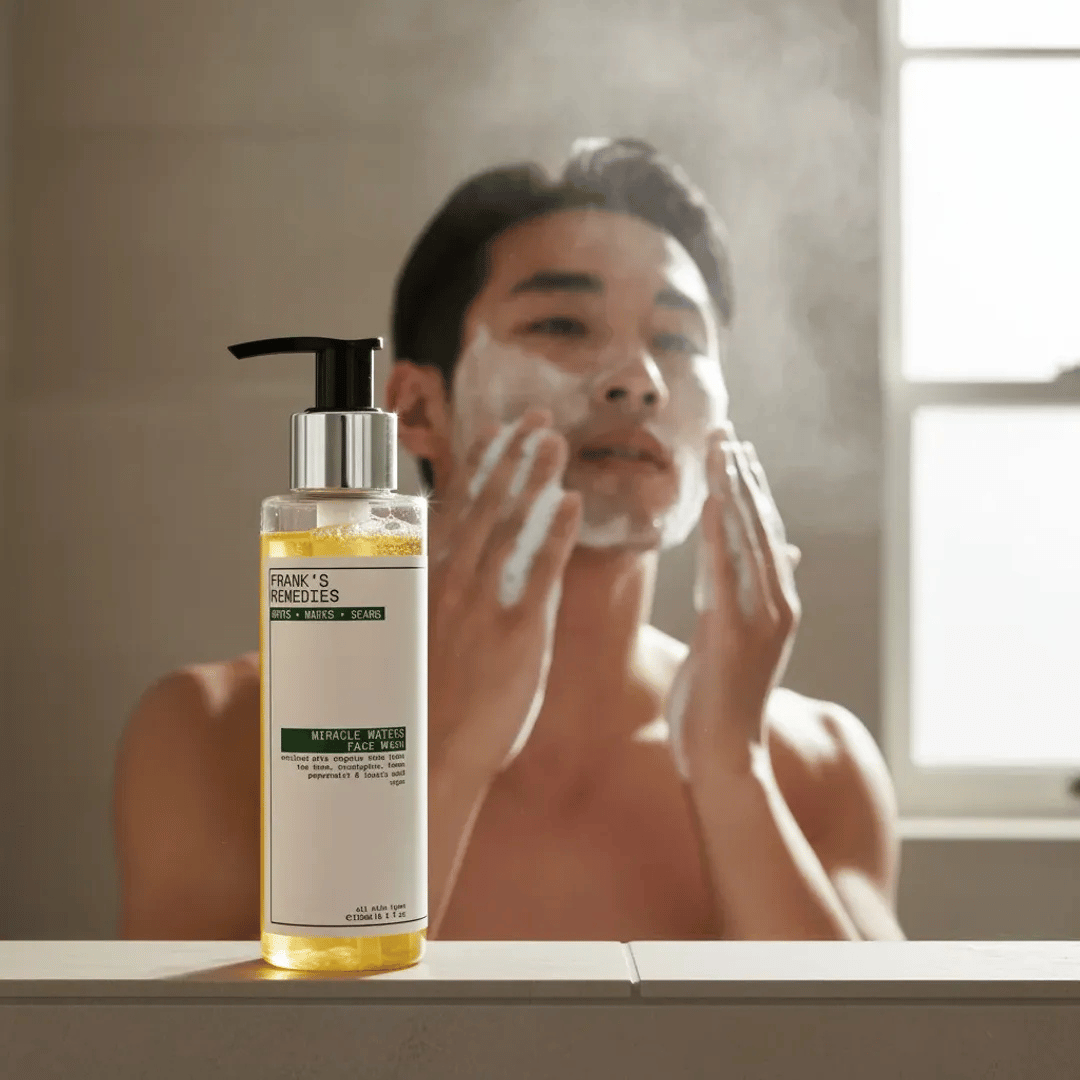 Man applying Frank's Remedies Miracle Waters Face Wash to face in natural bathroom light showing holistic skincare routine for stressed spot-prone skin