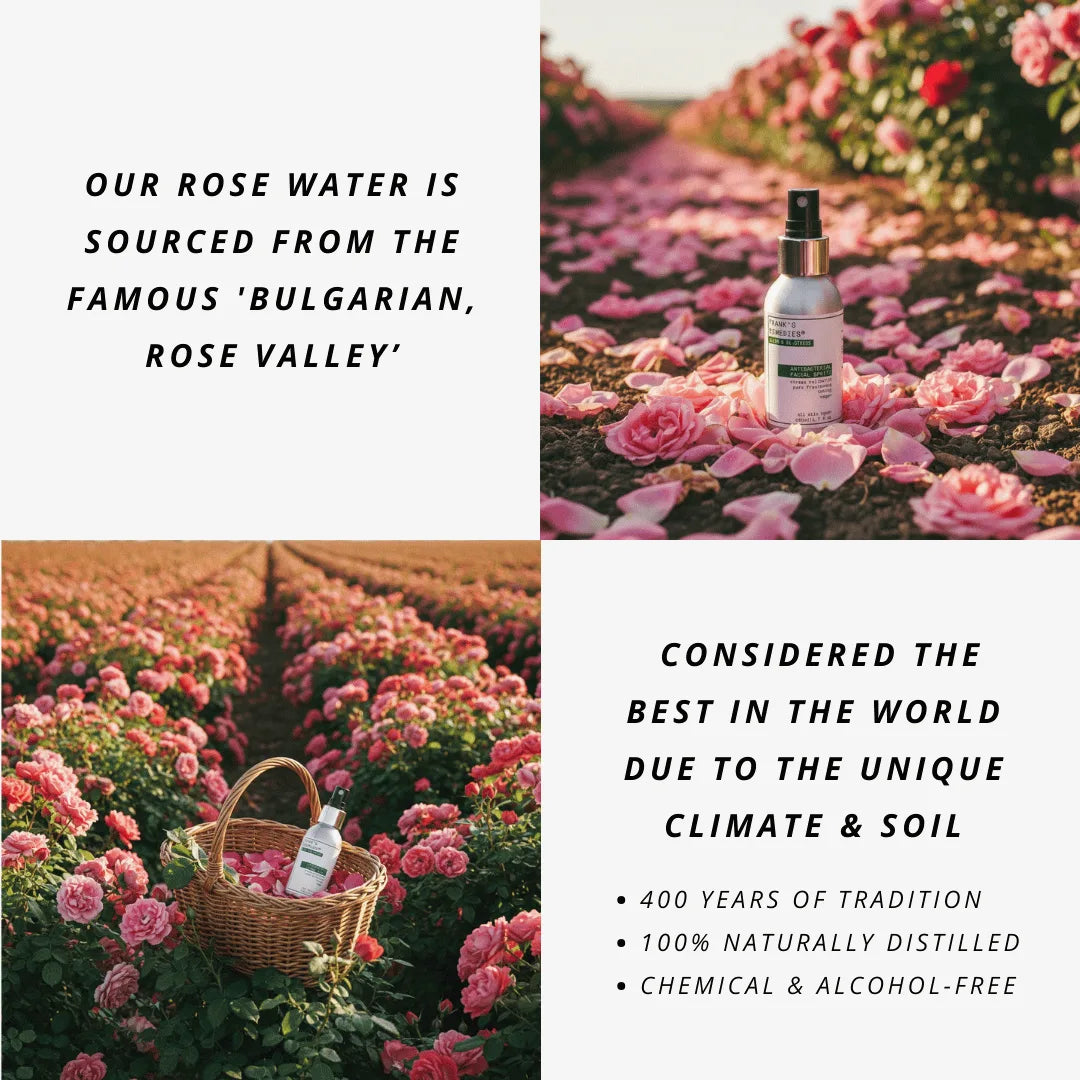 Antibacterial Face Spray next to rose water with text about its origin and properties - bulgarian roses.
