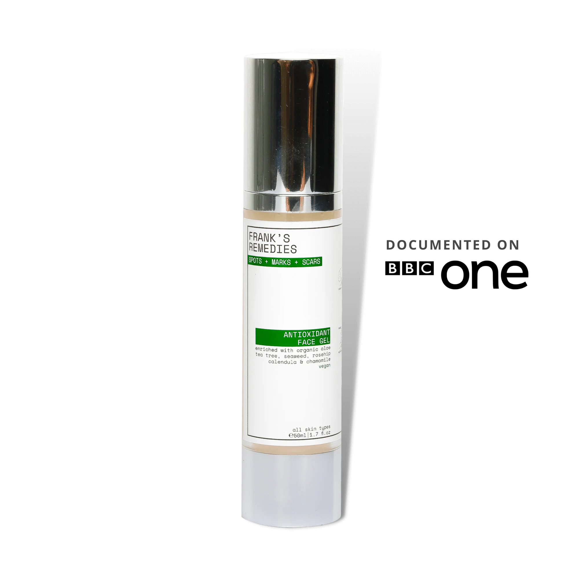 Antioxidant Face Gel on a white background, featuring BBC One logo.