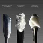 Three skincare products labeled 'Miracle Waters Face Wash', 'Antioxidant Face Gel', and 'Clearing Face Cream' on a gray background - Ready Steady Clear Kit
