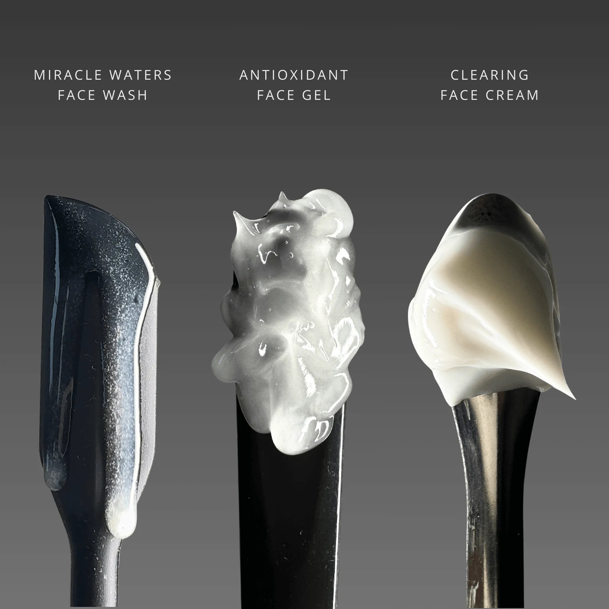 Three skincare products labeled 'Miracle Waters Face Wash', 'Antioxidant Face Gel', and 'Clearing Face Cream' on a gray background - Ready Steady Clear Kit