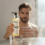 Man holding a miracle waters face wash bottle with text about its benefits.