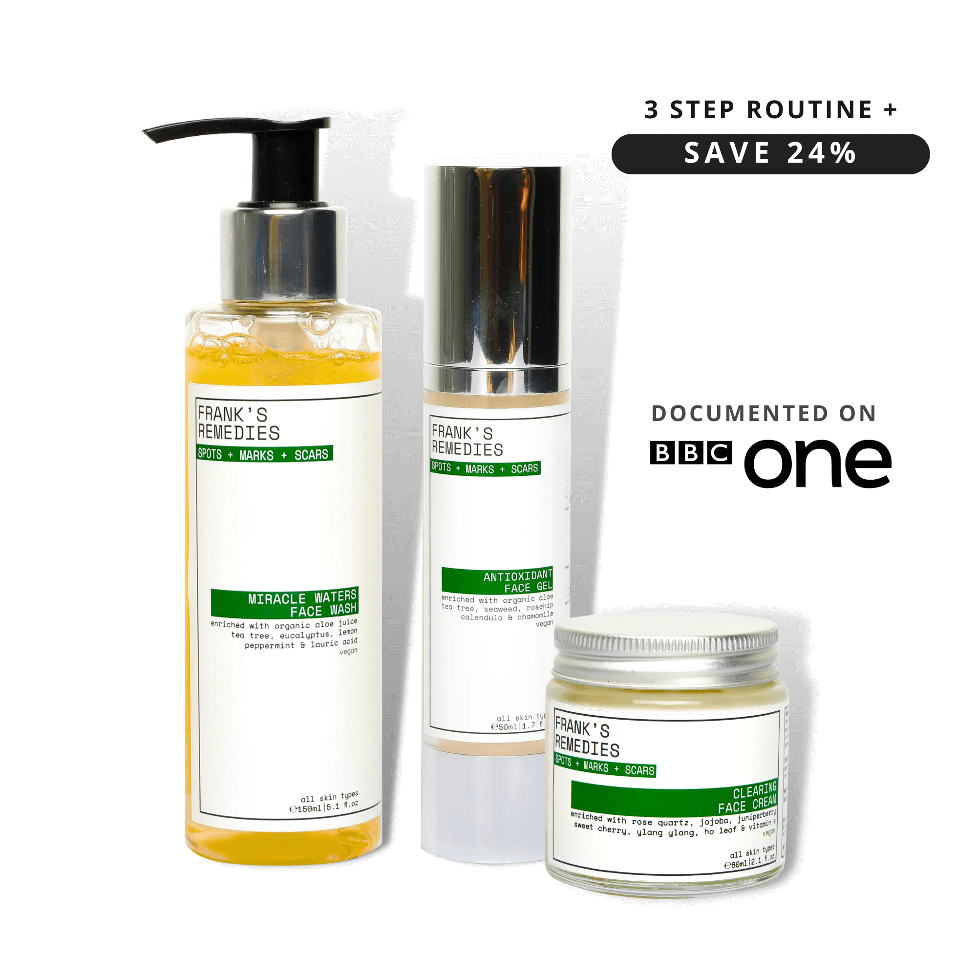 Three skincare products, Ready Steady Clear Kit from Frank's Remedies 