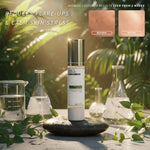 Antioxidant Face Gel with greenery and scientific beakers in the background, promoting customer before & after