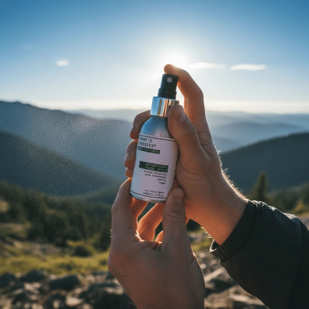 Person holding a bottle of Antibacterial Face Spray with mountainous landscape in the background