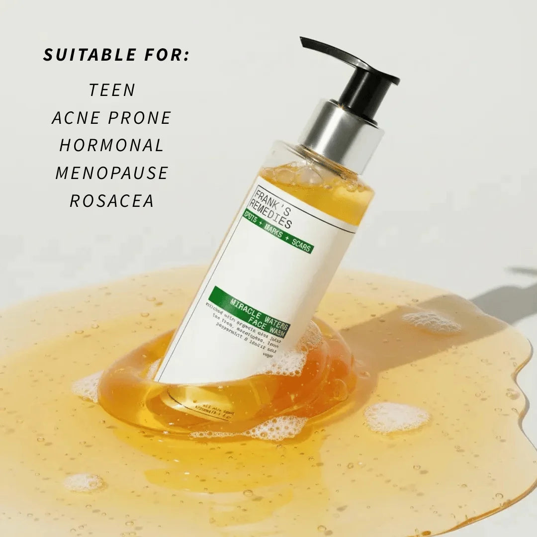 Bottle miracle waters face wash bottle with a pump dispenser on a white background, suitable for acne-prone, hormonal, menopause, and rosacea skin.