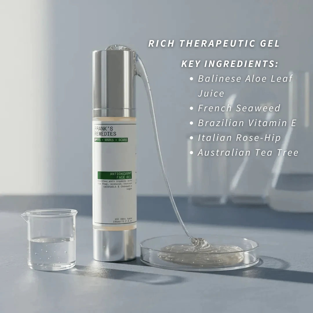 Antioxidant Face Gel being dispensed, featuring key ingredients on a neutral background.
