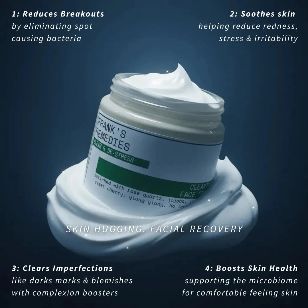 Jar of Frank's Remedies Clearing Face Cream with text describing its benefits on a dark blue background