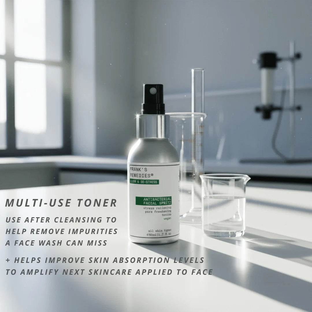 Frank's Remedies Antibacterial Face Spray  multi-use toner in a science lab