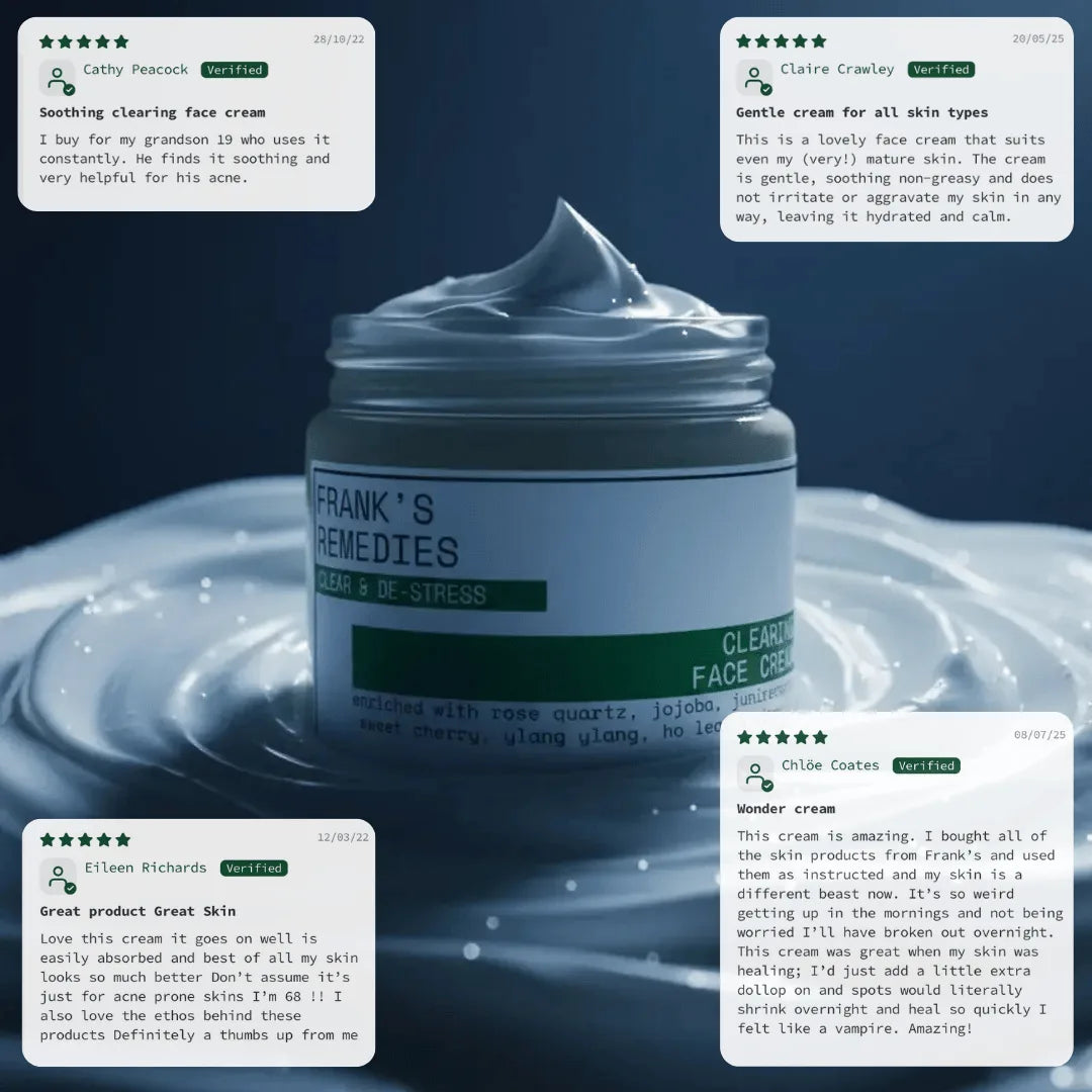 Jar of Frank's Remedies Clearing Face Cream with customers reviews on a blue gradient background