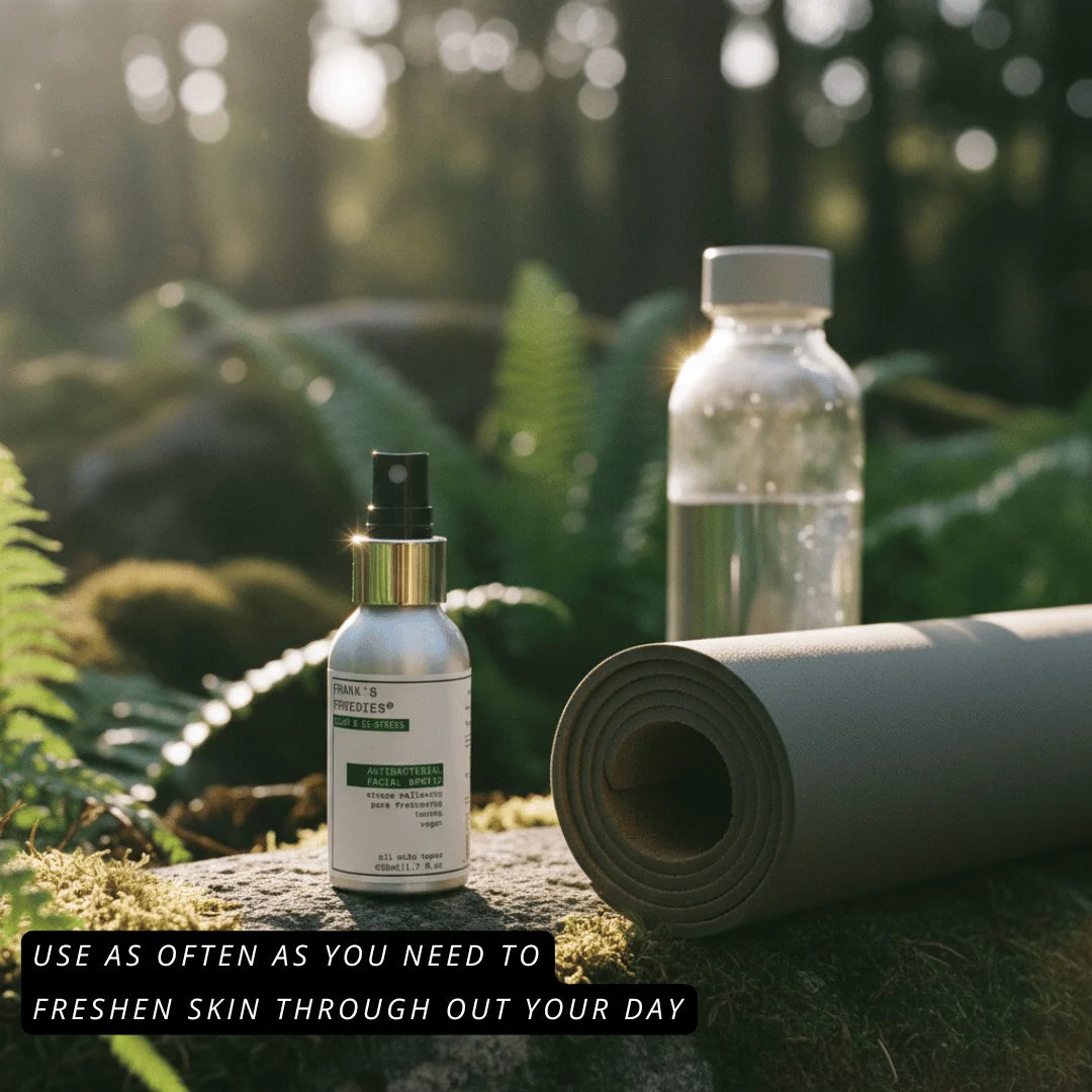 Antibacterial Face Spray next to a yoga mat, and water bottle in a natural background