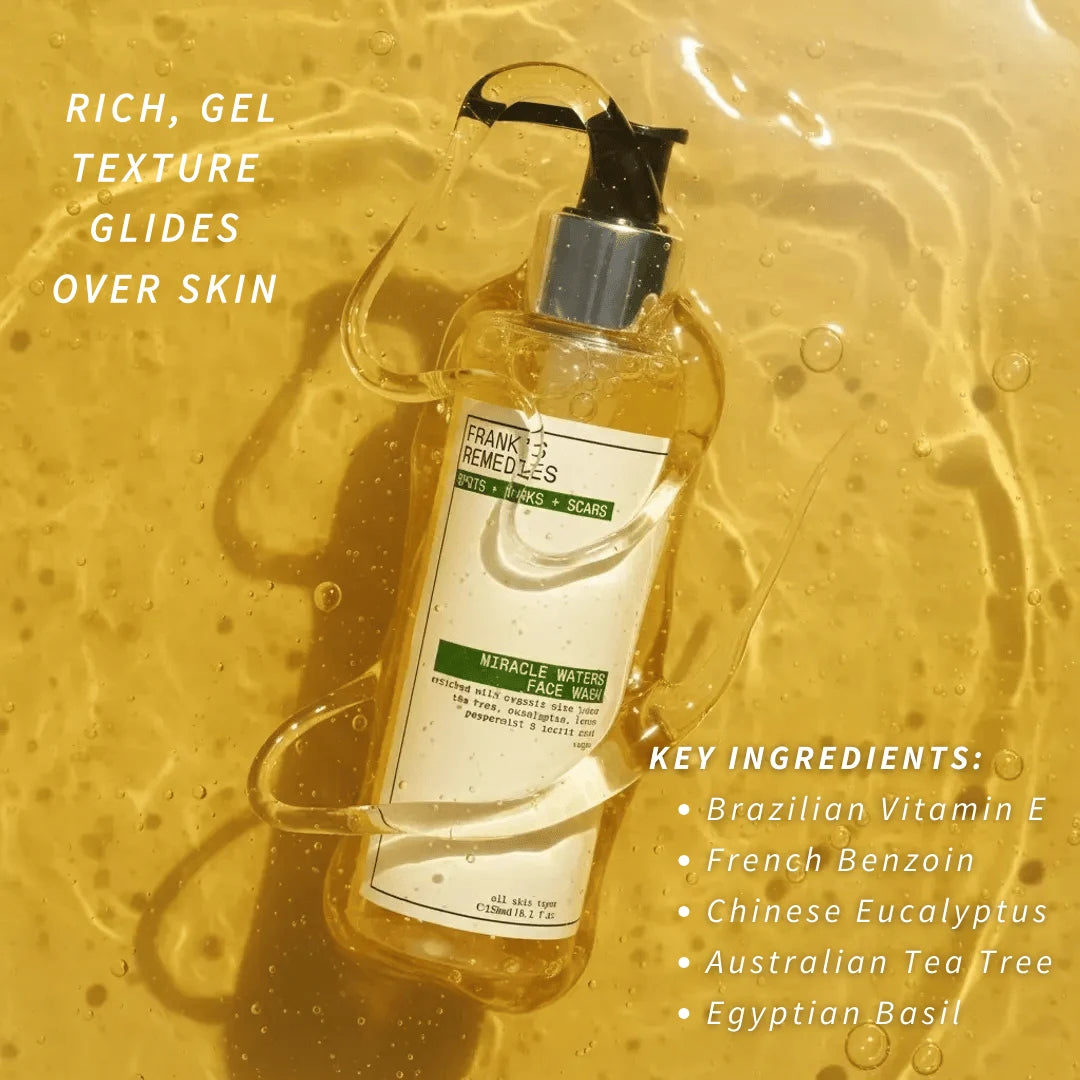 Bottle of Frank's Remedies Miracle Water with text about texture, key ingredients, and product features on product texture background.