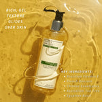 Bottle of Frank's Remedies Miracle Water with text about texture, key ingredients, and product features on product texture background.