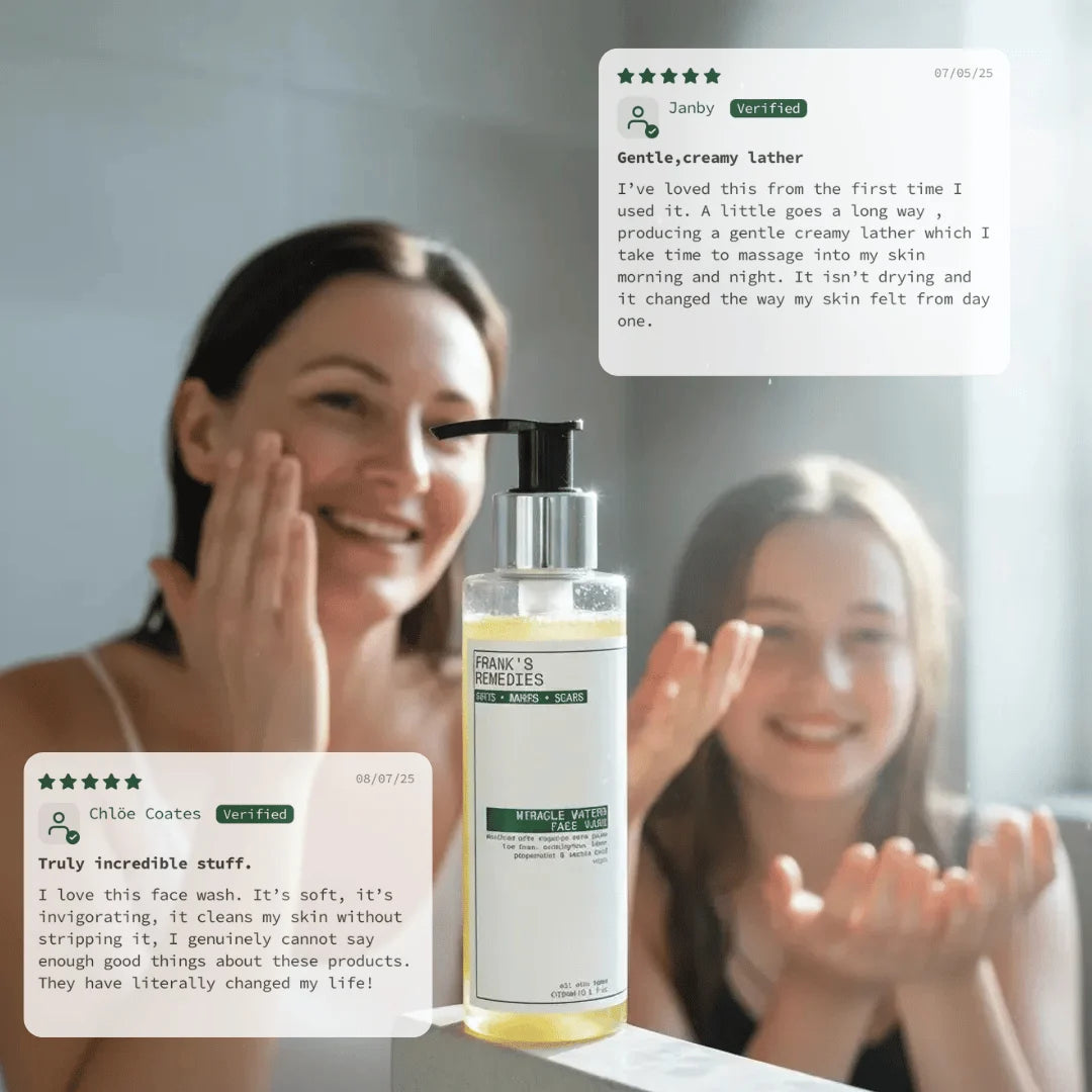 Woman using a face wash with daughter reviews displayed on screen