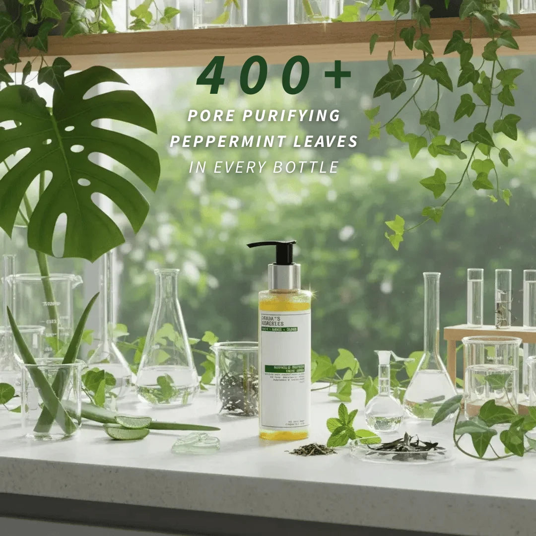 Bottle of face wash product with peppermint leaves and scientific equipment in the background